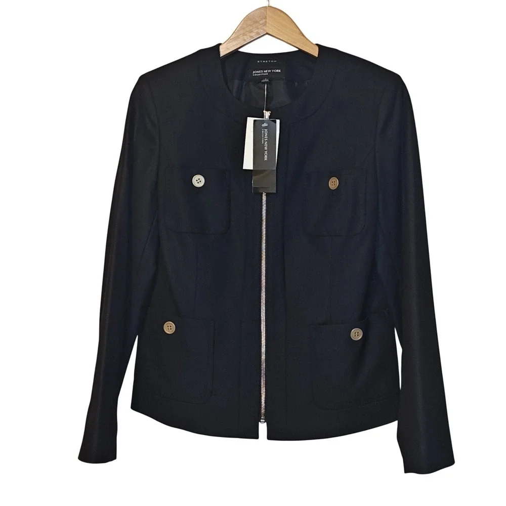 Jones‎ New York Collection Blazer Women 8 Black Zip Front Stretch Pockets New